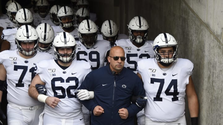 MINNEAPOLIS, MINNESOTA – NOVEMBER 09: Head coach James Franklin of the Penn State Nittany Lions walks his team onto the field before playing against the Minnesota Golden Gophers at TCFBank Stadium on November 09, 2019 in Minneapolis, Minnesota. (Photo by Hannah Foslien/Getty Images)