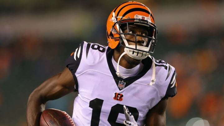 Sep 29, 2016; Cincinnati, OH, USA; Cincinnati Bengals wide receiver A.J. Green (18) looks on prior to the game against the Miami Dolphins at Paul Brown Stadium. Mandatory Credit: Aaron Doster-USA TODAY Sports