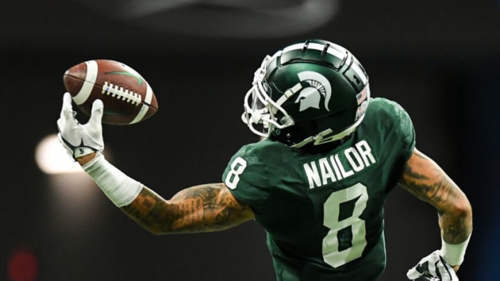 ATLANTA, GEORGIA - DECEMBER 30: Jalen Nailor #8 of the Michigan State Spartans makes a one handed catch against the Pittsburgh Panthers defends in the first quarter at Mercedes-Benz Stadium on December 30, 2021 in Atlanta, Georgia. (Photo by Adam Hagy/Getty Images)