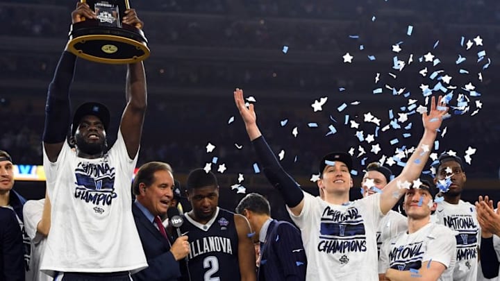Apr 4, 2016; Houston, TX, USA; Villanova Wildcats forward Daniel Ochefu (23) and guard Ryan Arcidiacono (15) celebrate after beating the North Carolina Tar Heels in the championship game of the 2016 NCAA Men