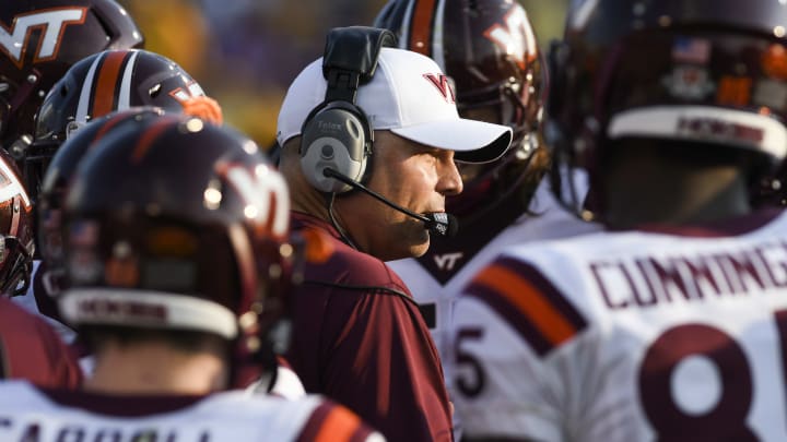 GREENVILLE, NC – SEPTEMBER 16: Head coach of the Virginia Tech Hokies Justin Fuente instructs his team in the second half against the East Carolina Pirates at Dowdy-Ficklen Stadium on September 16, 2017 in Greenville, North Carolina. Virginia Tech defeated East Carolina 64-17. (Photo by Michael Shroyer/Getty Images)