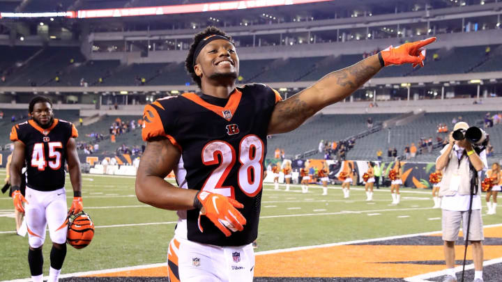 CINCINNATI, OH – SEPTEMBER 13: Joe Mixon #28 of the Cincinnati Bengals celebrates after the 34-23 win over the Baltimore Ravens at Paul Brown Stadium on September 13, 2018 in Cincinnati, Ohio. (Photo by Andy Lyons/Getty Images)