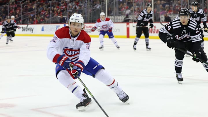 Apr 7, 2022; Newark, New Jersey, USA; Montreal Canadiens center Rem Pitlick. Mandatory Credit: Ed Mulholland-USA TODAY Sports