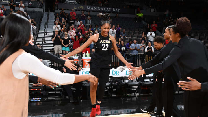 LAS VEGAS, NV – MAY 6: A’ja Wilson #22 of the Las Vegas Aces is introduced before the game against the China National Team in a WNBA pre-season game on May 6, 2018 at the Mandalay Bay Events Center in Las Vegas, Nevada. NOTE TO USER: User expressly acknowledges and agrees that, by downloading and or using this Photograph, user is consenting to the terms and conditions of the Getty Images License Agreement. Mandatory Copyright Notice: Copyright 2018 NBAE (Photo by Garrett Ellwood/NBAE via Getty Images)