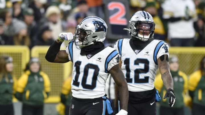 GREEN BAY, WISCONSIN - NOVEMBER 10: Curtis Samuel #10 of the Carolina Panthers celebrates his touchdown in the first half of the game against the Green Bay Packers at Lambeau Field on November 10, 2019 in Green Bay, Wisconsin. (Photo by Quinn Harris/Getty Images)