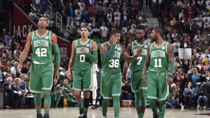 CLEVELAND, OH - OCTOBER 17: Al Horford #42, Jayson Tatum #0, Marcus Smart #36, Jaylen Brown #7 and Kyrie Irving #11 of the Boston Celtics during the game against the Cleveland Cavaliers on October 17, 2017 at Quicken Loans Arena in Cleveland, Ohio. NOTE TO USER: User expressly acknowledges and agrees that, by downloading and or using this Photograph, user is consenting to the terms and conditions of the Getty Images License Agreement. Mandatory Copyright Notice: Copyright 2017 NBAE (Photo by David Liam Kyle/NBAE via Getty Images)