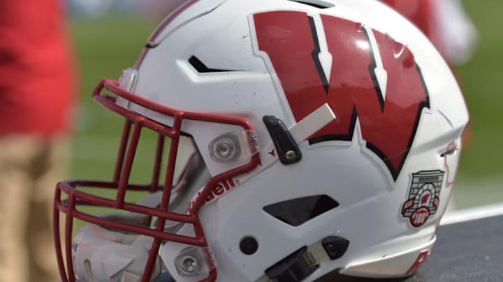 PROVO, UT - SEPTEMBER 16: Wisconsin Badgers football helmet during the game between the Badgers and the BYU Cougars at LaVell Edwards Stadium on September 16, 2017 in Provo, Utah. (Photo by Gene Sweeney Jr/Getty Images) *** Local Caption ***