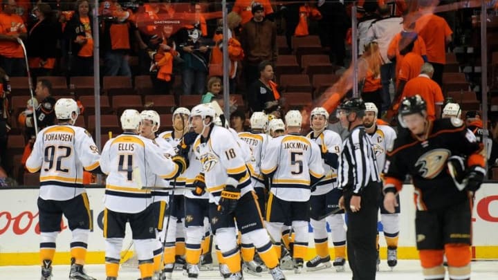 April 15, 2016; Anaheim, CA, USA; Nashville Predators celebrate the 3-2 victory against Anaheim Ducks following game one of the first round of the 2016 Stanley Cup Playoffs at Honda Center. Mandatory Credit: Gary A. Vasquez-USA TODAY Sports