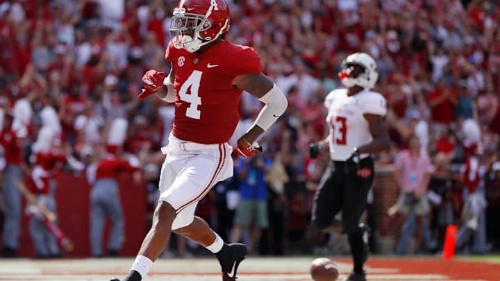 TUSCALOOSA, AL - SEPTEMBER 08: Saivion Smith #4 of the Alabama Crimson Tide returns an interception for a touchdown against the Arkansas State Red Wolves at Bryant-Denny Stadium on September 8, 2018 in Tuscaloosa, Alabama. (Photo by Kevin C. Cox/Getty Images)