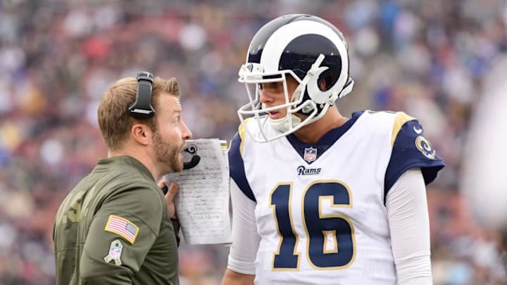 LOS ANGELES, CA - NOVEMBER 12: Head Coach Sean McVay of the Los Angeles Rams talks to quarterback Jared Goff