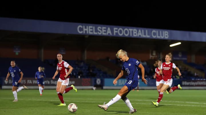 KINGSTON UPON THAMES, ENGLAND - OCTOBER 07: Pernille Harder of Chelsea during the FA Women's Continental League Cup match between Chelsea and Arsenal at Kingsmeadow on October 07, 2020 in Kingston upon Thames, England. (Photo by Catherine Ivill/Getty Images)