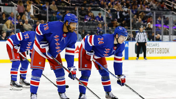 NEW YORK, NY - NOVEMBER 13: K'Andre Miller #79 of the New York Rangers and Kaapo Kakko #24 during the game against the Arizona Coyotes on November 13, 2022 at Madison Square Garden in New York, New York. (Photo by Rich Graessle/Getty Images)