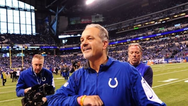 Jan 3, 2016; Indianapolis, IN, USA; Indianapolis Colts head coach Chuck Pagano points to the crowd after the game against the Tennessee Titans at Lucas Oil Stadium. The Indianapolis Colts defeated the Tennessee Titans, 30-24. Mandatory Credit: Thomas J. Russo-USA TODAY Sports