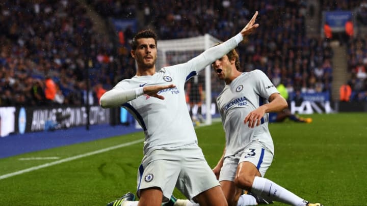 LEICESTER, ENGLAND - SEPTEMBER 09: Alvaro Morata of Chelsea celebrates scoring his sides first goal with Marcos Alonso of Chelsea during the Premier League match between Leicester City and Chelsea at The King Power Stadium on September 9, 2017 in Leicester, England. (Photo by Michael Regan/Getty Images)