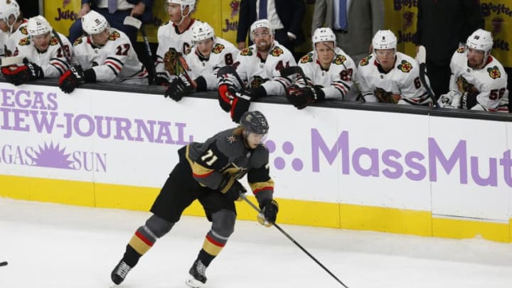 LAS VEGAS, NV - NOVEMBER 13: Vegas Golden Knights center William Karlsson (71) skates with the puck during a regular season game against the Chicago Blackhawks Wednesday, Nov. 13, 2019, at T-Mobile Arena in Las Vegas, Nevada. (Photo by: Marc Sanchez/Icon Sportswire via Getty Images)