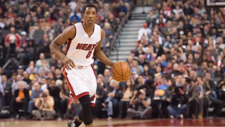 Mar 12, 2016; Toronto, Ontario, CAN; Miami Heat guard Josh Richardson (0) dribbles the ball up court during the first quarter in a game against the Toronto Raptors at Air Canada Centre. The Toronto Raptors won 112-104. Mandatory Credit: Nick Turchiaro-USA TODAY Sports