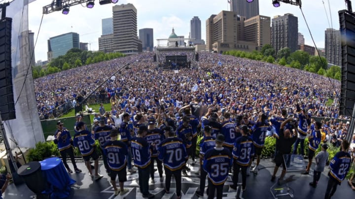 ST. LOUIS, MO - JUNE 15: St. Louis Blues players on stage during the St Louis Blues Victory Parade and Rally after winning the 2019 Stanley Cup Final on June 15, 2019 in St. Louis, Missouri. (Photo by Scott Rovak/NHLI via Getty Images)