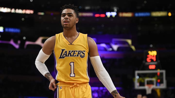Jan 10, 2017; Los Angeles, CA, USA; Los Angeles Lakers guard D’Angelo Russell (1) reacts during the first quarter against the Portland Trail Blazers at Staples Center. Mandatory Credit: Kelvin Kuo-USA TODAY Sports