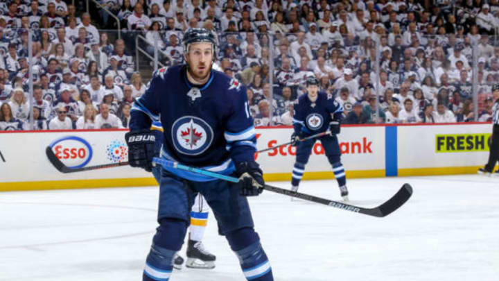 WINNIPEG, MB – APRIL 18: Kevin Hayes #12 of the Winnipeg Jets keeps an eye on the play during second period action against the St. Louis Blues in Game Five of the Western Conference First Round during the 2019 NHL Stanley Cup Playoffs at the Bell MTS Place on April 18, 2019 in Winnipeg, Manitoba, Canada. The Blues defeated the Jets 3-2 to lead the series 3-2. (Photo by Jonathan Kozub/NHLI via Getty Images)