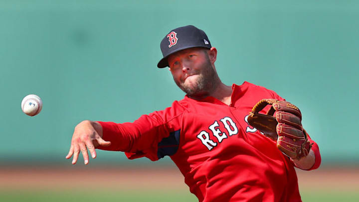 BOSTON - MAY 17: Boston Red Sox player Dustin Pedroia, currently in a rehab stint with the Pawtucket Red Sox, participates in pregame practice. The Boston Red Sox host the Baltimore Orioles in a regular season MLB baseball game at Fenway Park in Boston on May 17, 2018. (Photo by John Tlumacki/The Boston Globe via Getty Images)