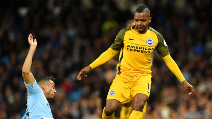 MANCHESTER, ENGLAND – MAY 09: Jose Izquierdo of Brighton and Hove Albion is tackled by Danilo of Manchester City during the Premier League match between Manchester City and Brighton and Hove Albion at Etihad Stadium on May 9, 2018 in Manchester, England. (Photo by Mike Hewitt/Getty Images)