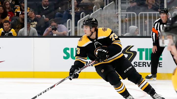 BOSTON, MA - SEPTEMBER 25: Boston Bruins right defenseman Charlie McAvoy (73) carries the puck during a preseason game between the Boston Bruins and the New Jersey Devils on September 25, 2019, at TD Garden in Boston, Massachusetts. (Photo by Fred Kfoury III/Icon Sportswire via Getty Images)