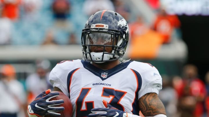 Dec 4, 2016; Jacksonville, FL, USA; Denver Broncos strong safety T.J. Ward (43) runs with the ball during pre game warmups before an NFL football game against the Jacksonville Jaguars at EverBank Field. Mandatory Credit: Reinhold Matay-USA TODAY Sports