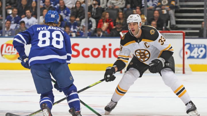 TORONTO, ON - OCTOBER 19: Zdeno Chara #33 of the Boston Bruins defends against William Nylander #88 of the Toronto Maple Leafs during an NHL game at Scotiabank Arena on October 19, 2019 in Toronto, Ontario, Canada. The Maple Leafs defeated the Bruins 4-3 in overtime. (Photo by Claus Andersen/Getty Images)