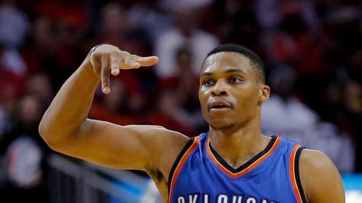Nov 2, 2015; Houston, TX, USA; Oklahoma City Thunder guard Russell Westbrook (0) celebrates his three point basket against the Houston Rockets at Toyota Center. Rocket won 110 to 105. Mandatory Credit: Thomas B. Shea-USA TODAY Sports