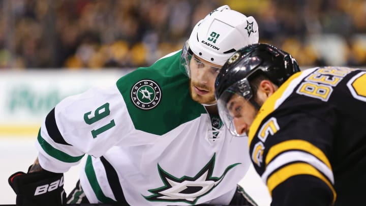 BOSTON, MA - FEBRUARY 10: Tyler Seguin #91 of the Dallas Stars prepares to face off against Patrice Bergeron #37 of the Boston Bruins during the second period at TD Garden on February 10, 2015 in Boston, Massachusetts. The Stars defeat the Bruins 5-3. (Photo by Maddie Meyer/Getty Images)