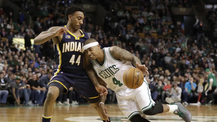 Mar 22, 2017; Boston, MA, USA; Boston Celtics guard Isaiah Thomas (4) drives the ball against Indiana Pacers guard Jeff Teague (44) in the second half at TD Garden. Celtics defeated the Pacers 109-100. Mandatory Credit: David Butler II-USA TODAY Sports