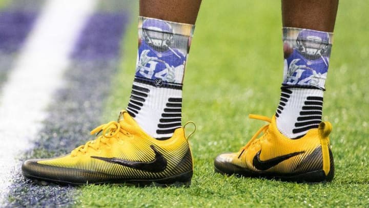 Nov 20, 2016; Minneapolis, MN, USA; Minnesota Vikings wide receiver Cordarrelle Patterson (84) wears socks with his featuring his image prior to the game against the Arizona Cardinals at U.S. Bank Stadium. Mandatory Credit: Brace Hemmelgarn-USA TODAY Sports