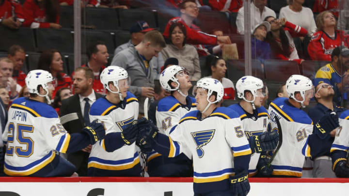Sep 18, 2019; Washington, DC, USA; St. Louis Blues right wing Austin Poganski (53) celebrates with teammates after scoring a goal against the Washington Capitals in the first period at Capital One Arena. Mandatory Credit: Geoff Burke-USA TODAY Sports