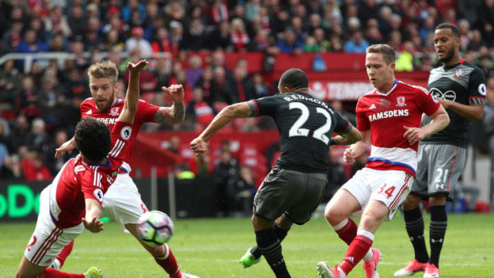 MIDDLESBROUGH, ENGLAND - MAY 13: Nathan Redmond of Southampton scores his sides second goal during the Premier League match between Middlesbrough and Southampton at Riverside Stadium on May 13, 2017 in Middlesbrough, England. (Photo by Steve Welsh/Getty Images)