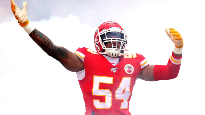 KANSAS CITY, MISSOURI – JANUARY 12: Damien Wilson #54 of the Kansas City Chiefs is introduced prior to the AFC Divisional playoff game against the Houston Texans at Arrowhead Stadium on January 12, 2020 in Kansas City, Missouri. (Photo by Tom Pennington/Getty Images)
