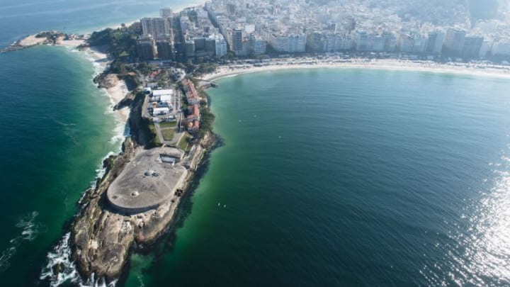 Aerial view of Fort Copacabana which will provides the starting point for the road cycling race, marathon swimming and triathlon competitions during the upcoming Rio 2016 Olympic Games, in Rio de Janeiro, Brazil, taken on July 26, 2016.The Rio 2016 Olympic and Paralympic Games will be held in Brazil from August 5-21 and September 7-18 respectively. / AFP / YASUYOSHI CHIBA (Photo credit should read YASUYOSHI CHIBA/AFP/Getty Images)
