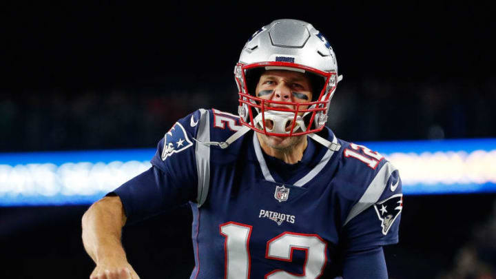 FOXBOROUGH, MA - OCTOBER 14: Tom Brady #12 of the New England Patriots reacts before a game with the Kansas City Chiefs at Gillette Stadium on October 14, 2018 in Foxborough, Massachusetts. (Photo by Jim Rogash/Getty Images)