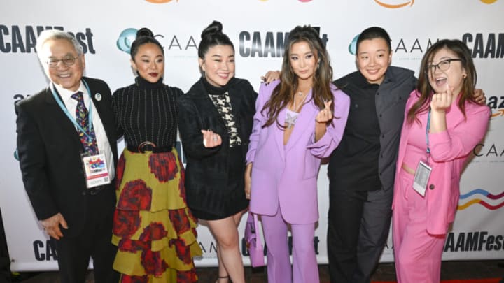 SAN FRANCISCO, CALIFORNIA - MAY 11:(L-R) CAAM Executive Director Stephen Gong, Stephanie Hsu, Sherry Cola, Ashley Park, Sabrina Wu and CAAM Programs Associate Jess Ju attend the red carpet at the CAAMFest 2023 Opening Night Gala Premiere of "Joy Ride" at The Castro Theatre on May 11, 2023 in San Francisco, California. (Photo by Steve Jennings/Getty Images)