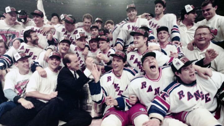 Rangers players pose for a team photo after defeating Vancouver 3-2 in game 7 of the Stanley Cup finals at Madison Square Garden June 14, 1994.Rangers Win Stanley Cup