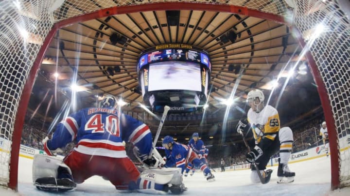 NEW YORK, NY - MARCH 25: Alexandar Georgiev #40 of the New York Rangers tends the net against the Pittsburgh Penguins at Madison Square Garden on March 25, 2019 in New York City. (Photo by Jared Silber/NHLI via Getty Images)