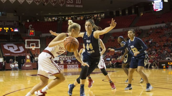 NORMAN, OK - DECEMBER 04: University of Oklahoma player Peyton Little (10) dribbles the ball past Oral Roberts University player Maria Martianez (44) during the Oral Roberts University vs University of Oklahoma NCAA Women's Basketball game December 4, 2016, at the Lloyd Noble Center in Norman, OK.(Photo by Richard Rowe/Icon Sportswire via Getty Images)