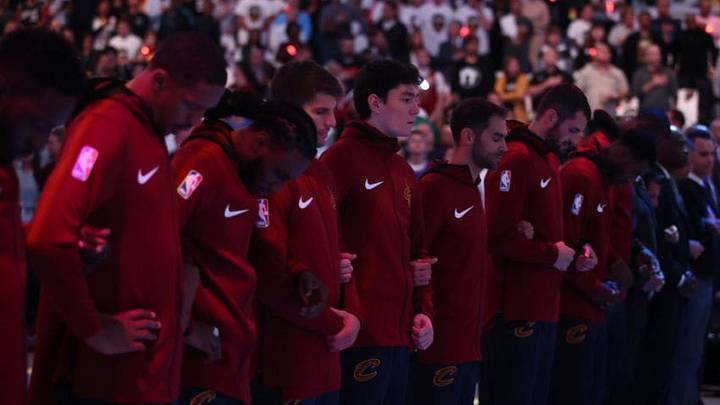 CLEVELAND, OH - OCTOBER 17: The Cleveland Cavaliers stand for the National Anthem prior to playing the Boston Celtics at Quicken Loans Arena on October 17, 2017 in Cleveland, Ohio. NOTE TO USER: User expressly acknowledges and agrees that, by downloading and or using this photograph, User is consenting to the terms and conditions of the Getty Images License Agreement. (Photo by Gregory Shamus/Getty Images)