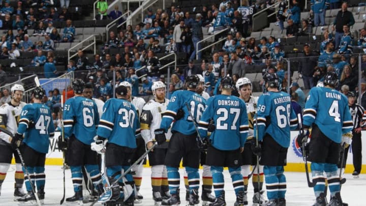 SAN JOSE, CA – MAY 06: The San Jose Sharks and Vegas Golden Knights shake hands after the game in Game Six of the Western Conference Second Round during the 2018 NHL Stanley Cup Playoffs at SAP Center on May 6, 2018 in San Jose, California. (Photo by Rocky W. Widner/NHL/Getty Images) *** Local Caption ***