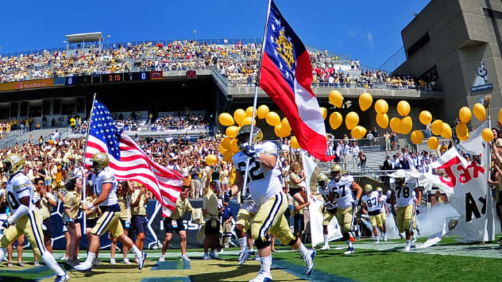 ATLANTA, GA - SEPTEMBER 9: Members of the Georgia Tech Yellow Jackets take the field before the game against Jacksonville State Gamecocks on September 9, 2017 in Atlanta, Georgia. Photo by Scott Cunningham/Getty Images)