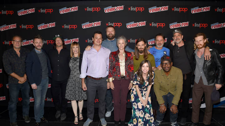 7 Cool Moments from The Walking Dead’s NYCC Press Conference - Photo Credit: NEW YORK, NY - OCTOBER 07:(L-R) Greg Nicotero, Chris Hardwick, Norman Reedus, Gale Ann Hurd, David Alpert, Robert Kirkman, Melissa McBride, Tom Payne, Katelyn Nacon, Andrew Lincoln, Lennie James, Jeffrey Dean Morgan and Austin Amelio attend the Comic Con The Walking Dead panel at The Theater at Madison Square Garden on October 7, 2017 in New York City. (Photo by Jamie McCarthy/Getty Images for AMC)