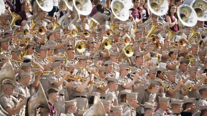 Oct 28, 2023; College Station, Texas, USA; The Fightin’ Texas Aggie Band perform before a game against South Carolina Gamecocks at Kyle Field. Mandatory Credit: Dustin Safranek-USA TODAY Sports