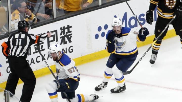 BOSTON, MA - JUNE 06: St. Louis Blues left wing David Perron (57) celebrates his goal with St. Louis Blues center Tyler Bozak (21) during Game 5 of the Stanley Cup Final between the Boston Bruins and the St. Louis Blues on June 6, 2019, at TD Garden in Boston, Massachusetts. (Photo by Fred Kfoury III/Icon Sportswire via Getty Images)