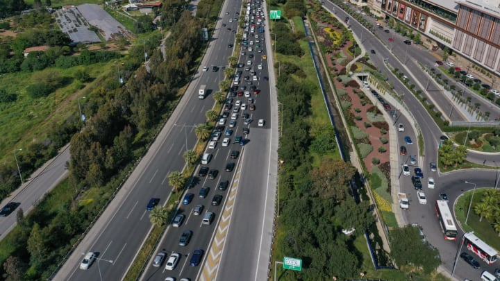 IZMIR, TURKIYE – APRIL 22: An aerial view shows the traffic congestion of Cesme Highway on the second day of Eid al-Fitr in Izmir, Turkiye on April 22, 2023. (Photo by Lokman Ilhan/Anadolu Agency via Getty Images)