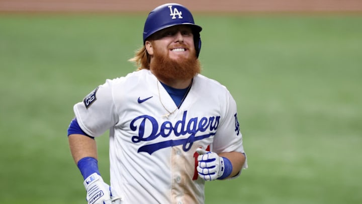 ARLINGTON, TEXAS - OCTOBER 27: Justin Turner #10 of the Los Angeles Dodgers reacts after flying out against the Tampa Bay Rays during the sixth inning in Game Six of the 2020 MLB World Series at Globe Life Field on October 27, 2020 in Arlington, Texas. (Photo by Tom Pennington/Getty Images)