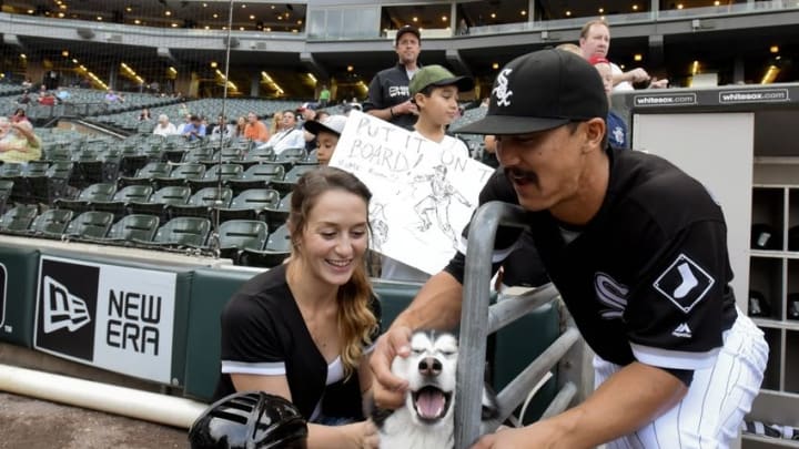 Sep 13, 2016; Chicago, IL, USA; Chicago White Sox second baseman Tyler Saladino (18) and his girlfriend Hannah Chartier pet his dog Luna during "Bark at the Park" at U.S. Cellular Field. The Chicago White Sox are trying to break a Guinness Book of World Records for the most dogs attending a sporting event. Mandatory Credit: Matt Marton-USA TODAY Sports